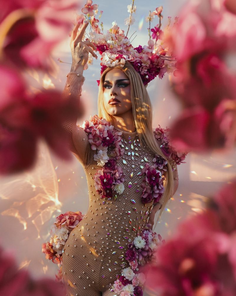 Georgina as Flor, crowned in pink blossoms